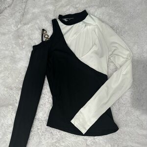 Chic Black and White Asymmetrical Blouse with Mandarin Collar
